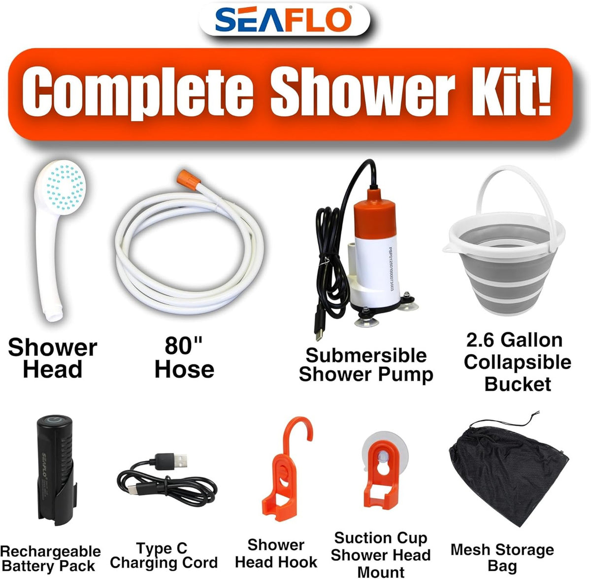SEAFLO Portable Camping/Outdoor Shower, Rechargeable Battery, 2.64 Gallons Per Min, 40-Minute Runtime Outdoor Camping Pet Washing, Type-C Charging, 80" Hose (with or Without 2.6 Gallon Bucket)