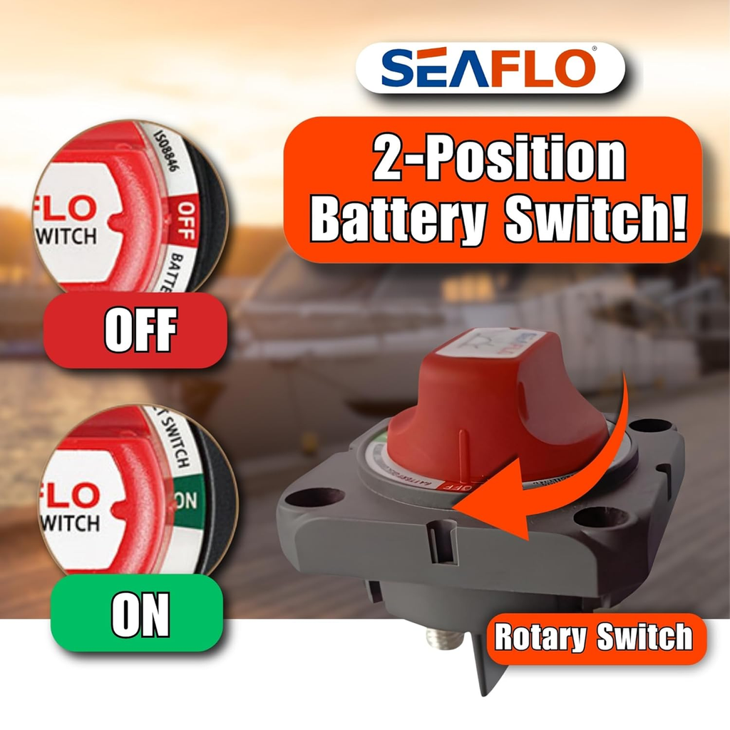 SEAFLO 300A Battery Disconnect Switch –12V/24V/48V Heavy-Duty Isolator Switch, Single Circuit ON/Off, IP66 Waterproof, Auto, Marine, Boat, RV, Car, ATV, CE & RoHS Certified (On/Off w/No-Cover|1-Pack)