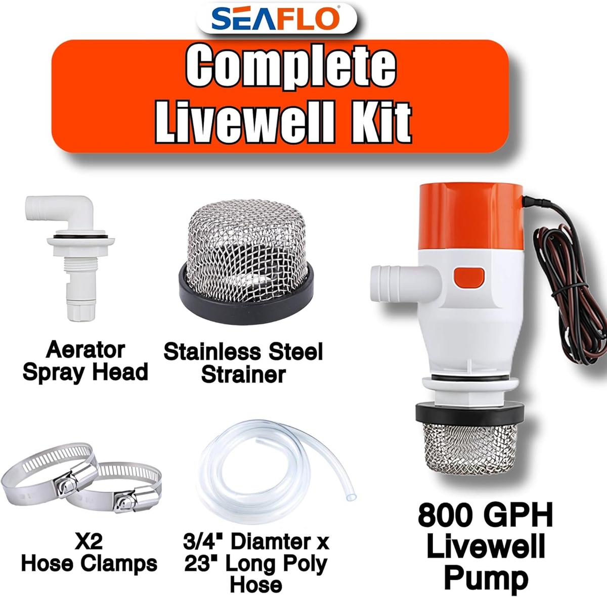 SEAFLO 12V 800 GPH 13F Series Portable Livewell Aerator Kit – Submersible Recirculating Bait Pump with Aerator Spray Head, Quiet Marine-Grade Motor, Durable & Corrosion-Resistant – 4-Year Warranty