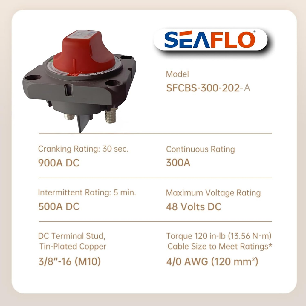 SEAFLO 300A Battery Disconnect Switch –12V/24V/48V Heavy-Duty Isolator Switch, Single Circuit ON/Off, IP66 Waterproof, Auto, Marine, Boat, RV, Car, ATV, CE & RoHS Certified (On/Off w/No-Cover|1-Pack)