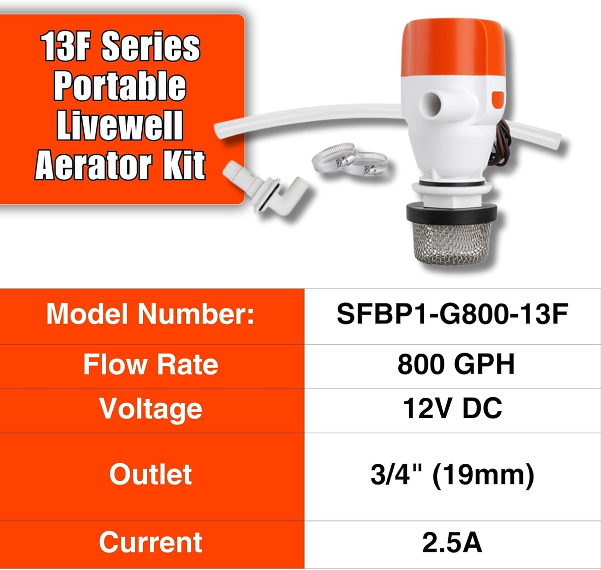 SEAFLO 12V 800 GPH 13F Series Portable Livewell Aerator Kit – Submersible Recirculating Bait Pump with Aerator Spray Head, Quiet Marine-Grade Motor, Durable & Corrosion-Resistant – 4-Year Warranty