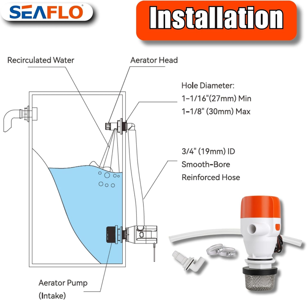 SEAFLO 12V 800 GPH 13F Series Portable Livewell Aerator Kit – Submersible Recirculating Bait Pump with Aerator Spray Head, Quiet Marine-Grade Motor, Durable & Corrosion-Resistant – 4-Year Warranty