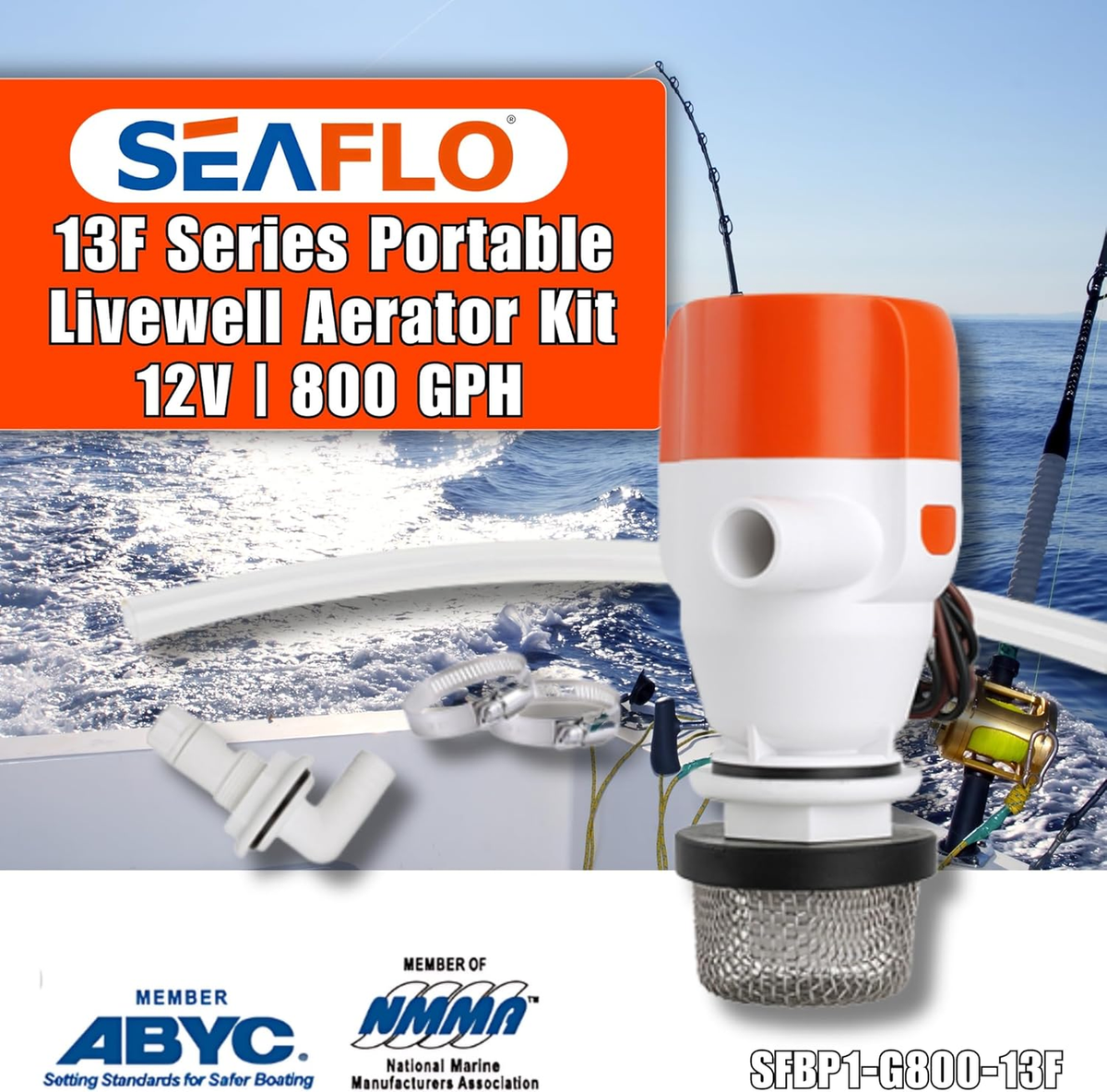 SEAFLO 12V 800 GPH 13F Series Portable Livewell Aerator Kit – Submersible Recirculating Bait Pump with Aerator Spray Head, Quiet Marine-Grade Motor, Durable & Corrosion-Resistant – 4-Year Warranty