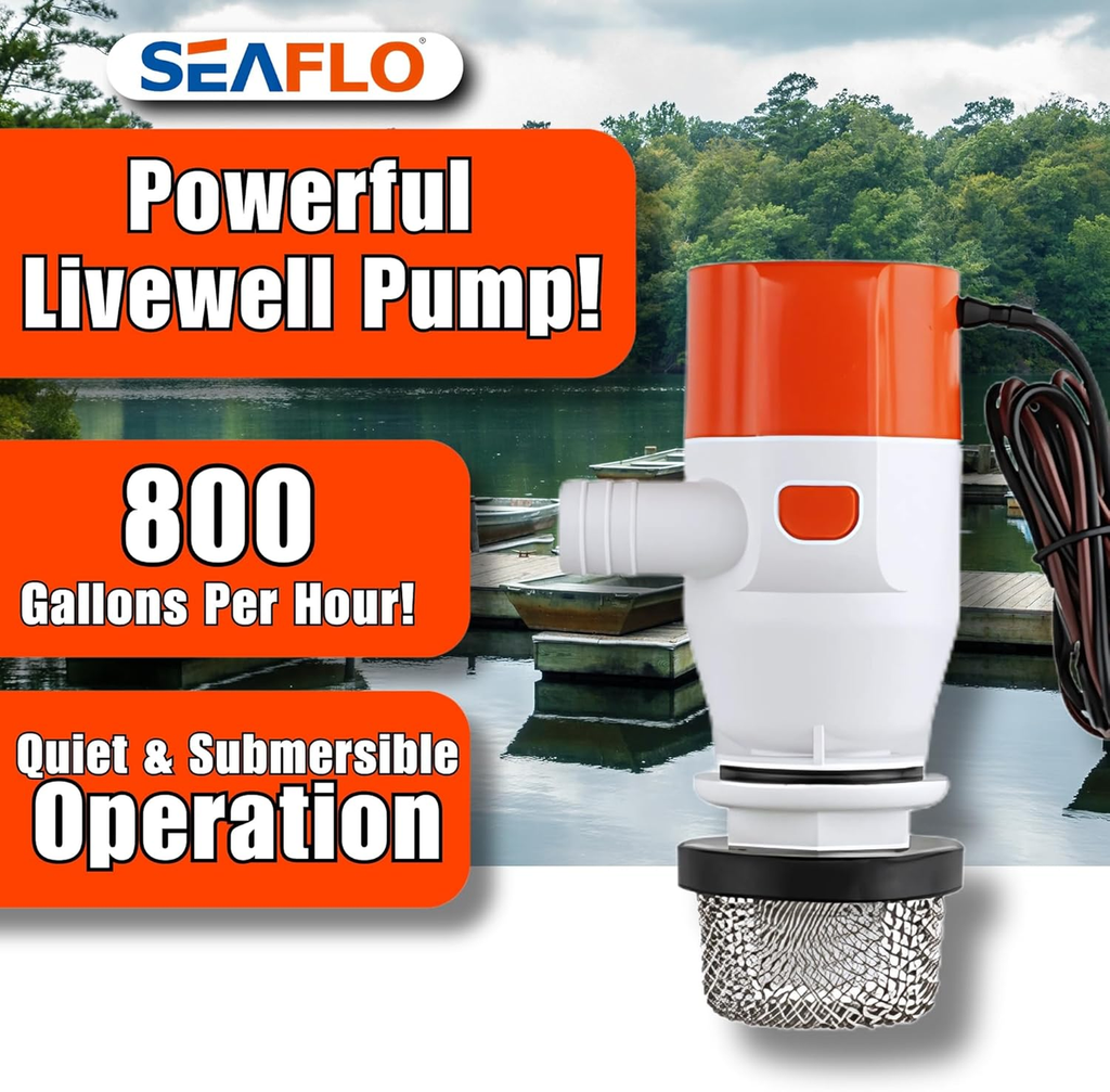 SEAFLO 12V 800 GPH 13F Series Portable Livewell Aerator Kit – Submersible Recirculating Bait Pump with Aerator Spray Head, Quiet Marine-Grade Motor, Durable & Corrosion-Resistant – 4-Year Warranty