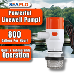 SEAFLO 12V 800 GPH 13F Series Portable Livewell Aerator Kit – Submersible Recirculating Bait Pump with Aerator Spray Head, Quiet Marine-Grade Motor, Durable & Corrosion-Resistant – 4-Year Warranty