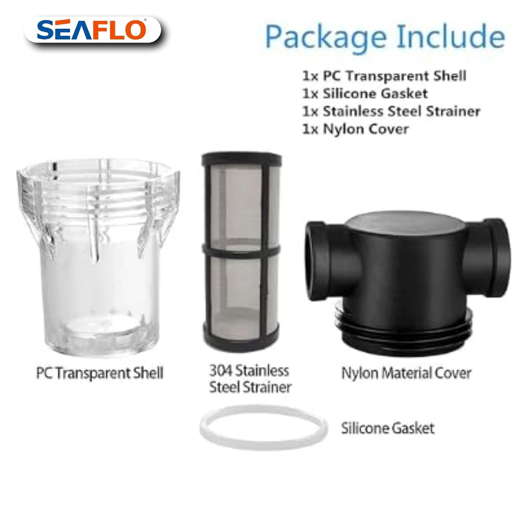 SEAFLO 1/2" Female NPT in-Line Strainer with 100 Mesh Stainless Steel Filter Screen – Clear Bowl for Easy Cleaning | Model SF-ST-12