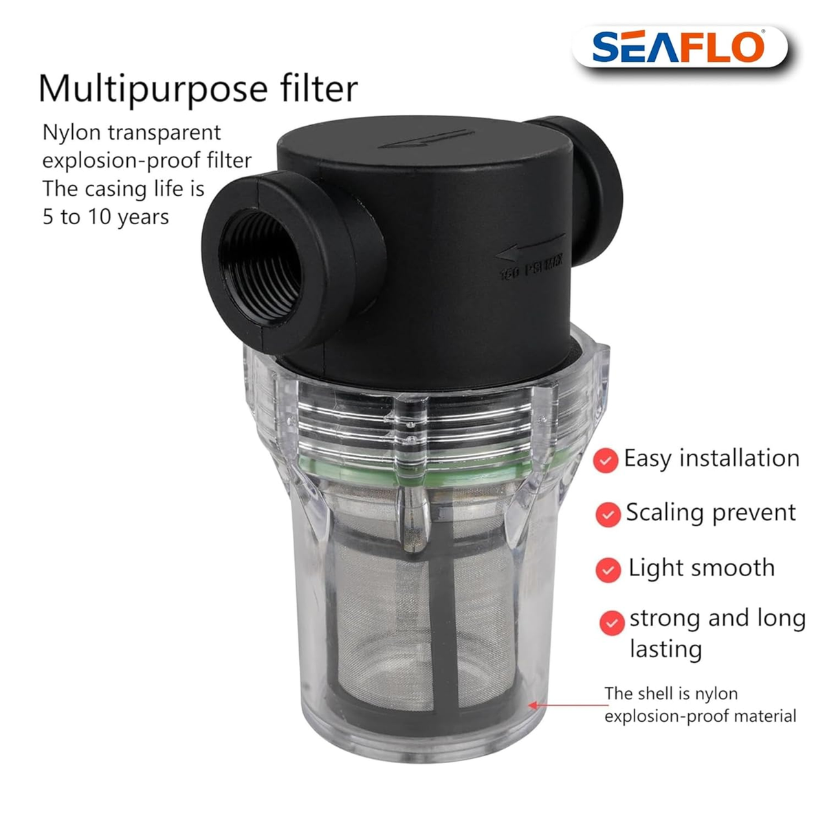 SEAFLO 1/2" Female NPT in-Line Strainer with 100 Mesh Stainless Steel Filter Screen – Clear Bowl for Easy Cleaning | Model SF-ST-12