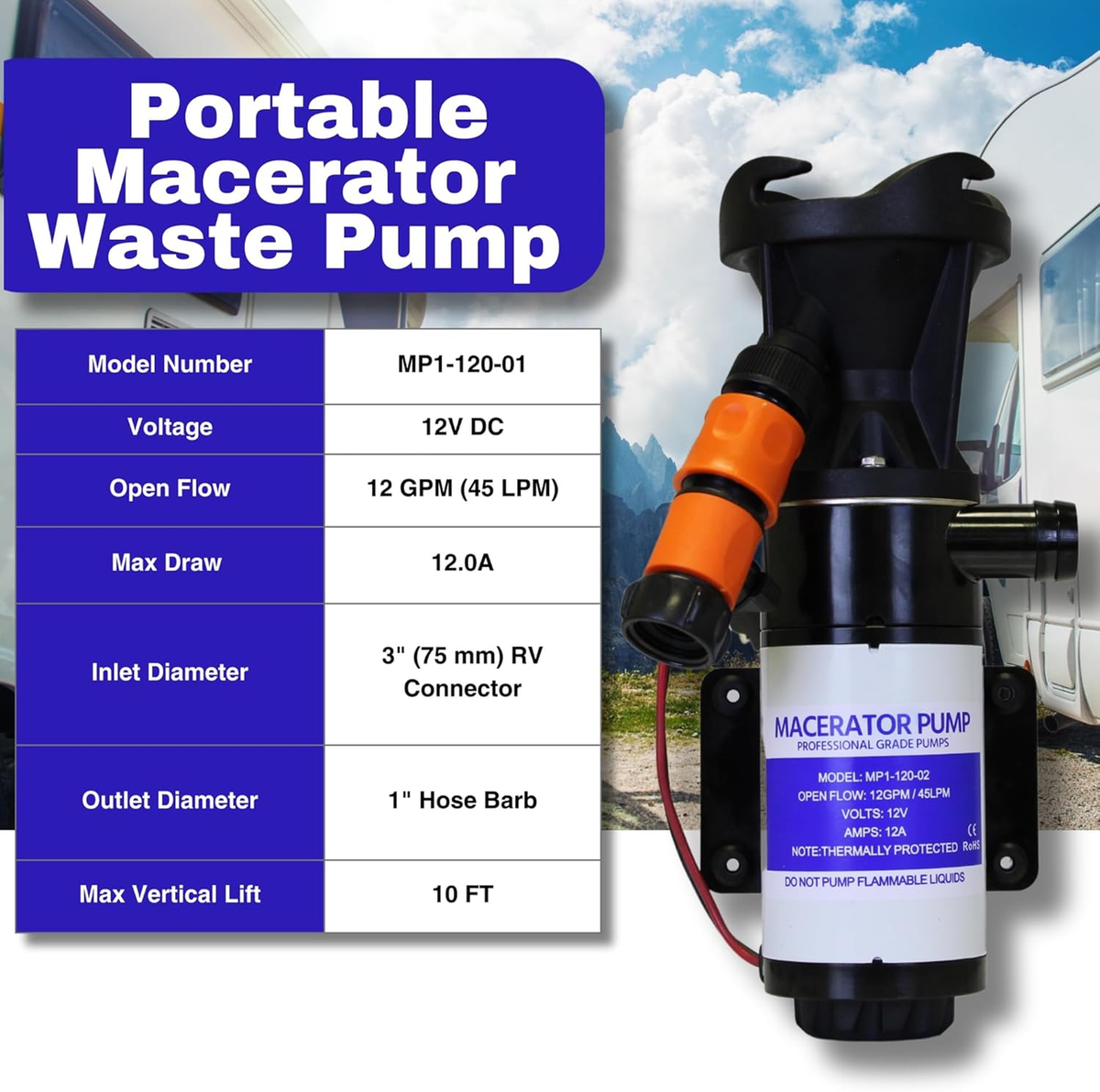 RV Macerator Quick Release RV Dump Station Mount 12V 12GPM