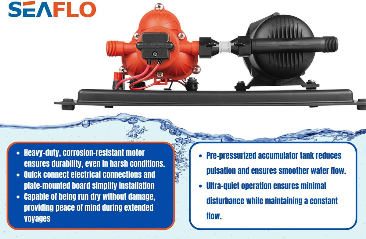 SEAFLO 33-Series Marine Water Pump (12V | 60 PSI | 3.0 GPM) w/ Accumulator System (23.5oz|125 psi)