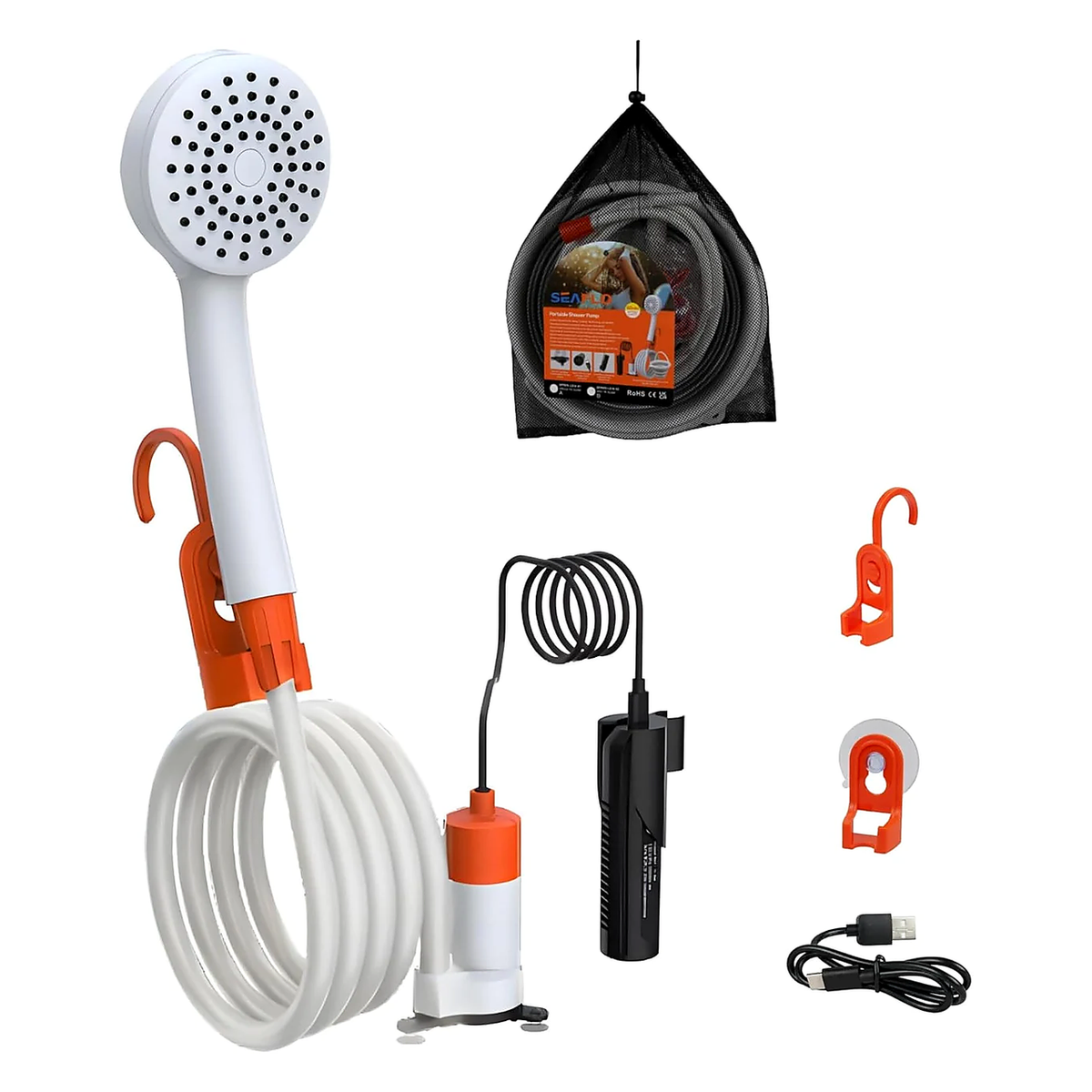 SEAFLO Portable Camping/Outdoor Shower, Rechargeable Battery, 2.64 GPM, 80" Hose