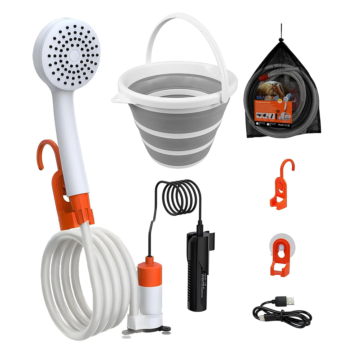 SEAFLO Portable Camping/Outdoor Shower, Rechargeable Battery, 2.64 GPM, 80" Hose